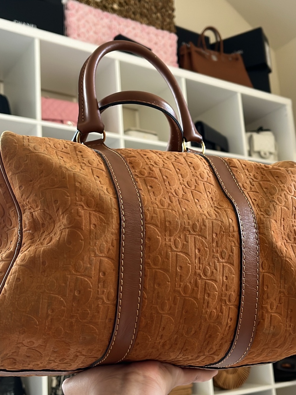 RARE Dior Tan/Orange/Brown Suede Boston Bag Detail